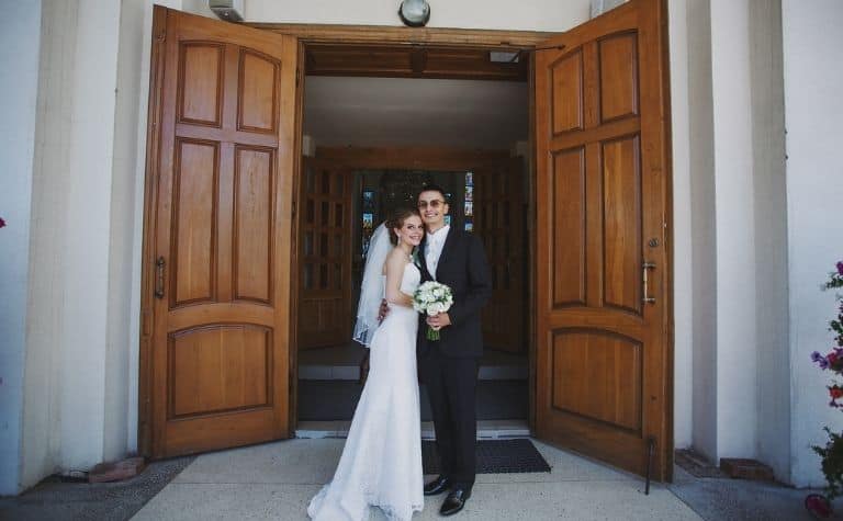 Bride and groom at church